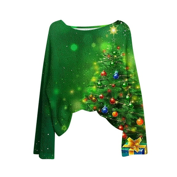 yardsong Imitation Knit Pullover Sweaters for Women - Boat Neck Long Sleeve Christmas Holiday Ugly Santa Claus Reindeer Graphic Top Green,XXL