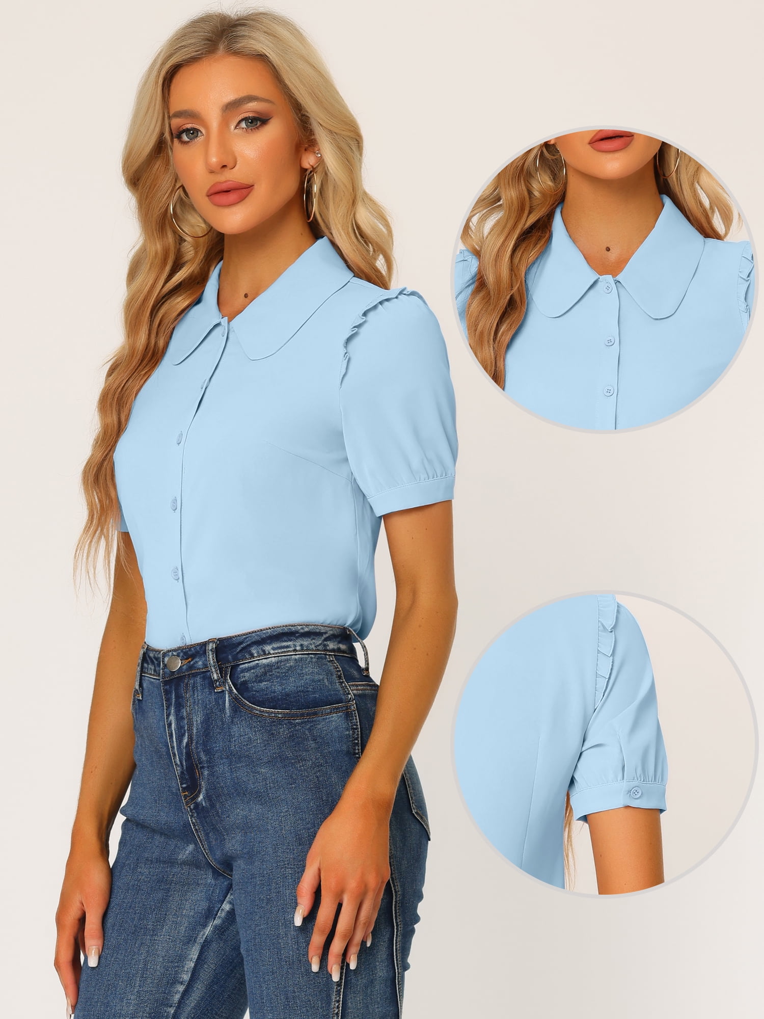 DARING DIVA Women's Peter Pan Collar Short Sleeve Button Front Shirts XS Light Blue