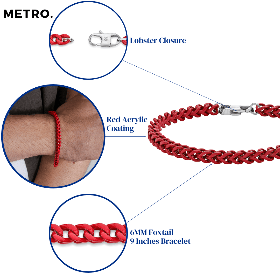 Stainless Steel Red Acrylic Bracelet for Men 9 Inches Thin Franco Chain 5 mm Wide Lobster Claw by Metro Jewelry