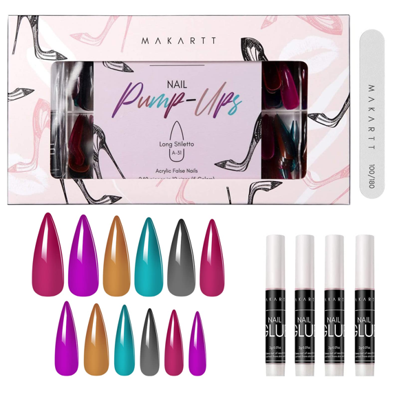Makartt 240 Pcs Faux Ongles Acryliques Longs Stilettos Ongles à Presser Ongles Faux Pleine Couverture avec Colles pour Ongles Lime à Ongles