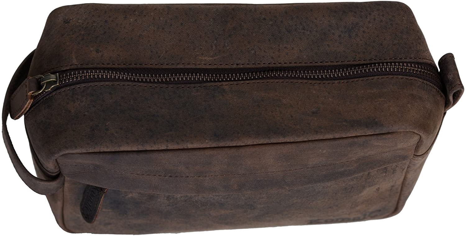 Genuine Buffalo Leather Toiletry Bag for Men & Women – Travel Dopp Kit, Vanity & Grooming Organizer