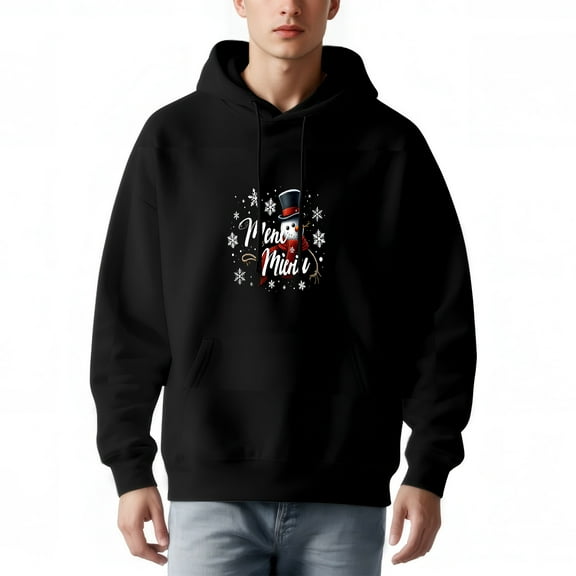 Men's Long Sleeve Hoodie Pullover Sweatshirt with Pockets - Festive Snowman Design with ' Merry Minu ' Text and Snowflakes