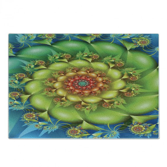 Trippy Cutting Board, Colorful Spiral Fractal Twirling Flowers in Vivid Colors Whirlpool Image Vortex, Decorative Tempered Glass Cutting and Serving Board, Small Size, Multicolor, by Ambesonne