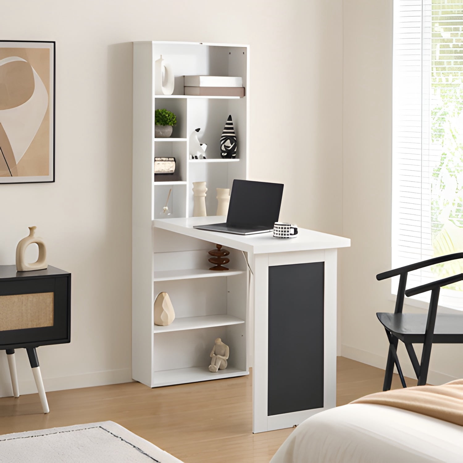Wall Mount Fold Out Convertible Murphy Desk with Blackboard & Adjustable Storage Shelves, Space Saving Foldable Wall Table Cabinet for Home Office Bedroom Living Room