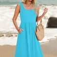 thumbnail image 4 of Women's Summer Sleeveless Dress Square Neck Pleated Swing Casual Maxi Dresses With Pockets Straight Dress for Women Cute Short Dresses Cute Summer Outfits for Women Loose Summer Dress for Women Summer, 4 of 7
