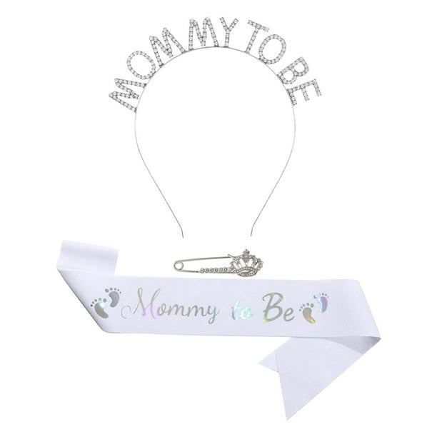 Conjunto de banda para futura mamá, banda de satén decorativa, tiara, banda para futura mamá para fiesta de baby shower Plata blanca