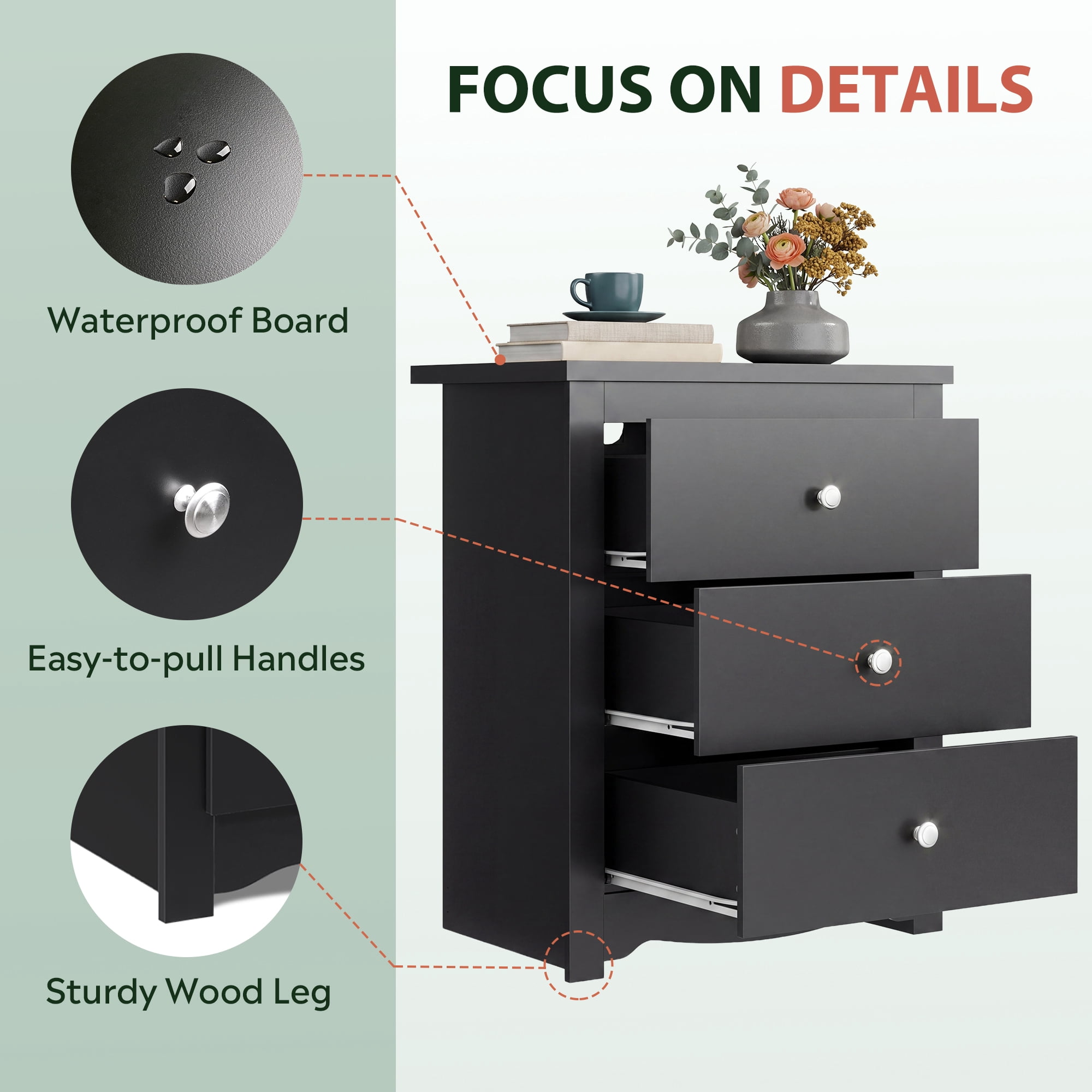 GALAXHERO Tall Black Nightstand with Charging Station and 3 Drawers, Wood Bedside End Table with 2 USB Ports & 2 AC Outlets for Bedroom Living Room Dorm