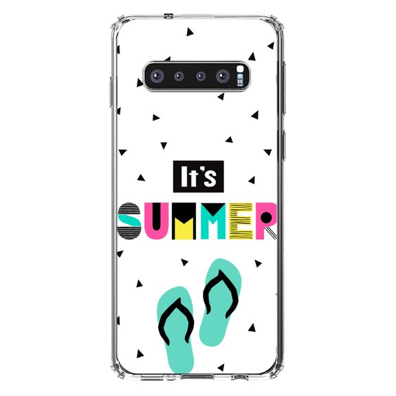 DistinctInk Clear Shockproof Hybrid Case for Samsung Galaxy S10  PLUS(6.4" Screen) - TPU Bumper, Acrylic Back, Tempered Glass Screen Protector - Summer Graphics - It's Summer Cartoon Flip Flops