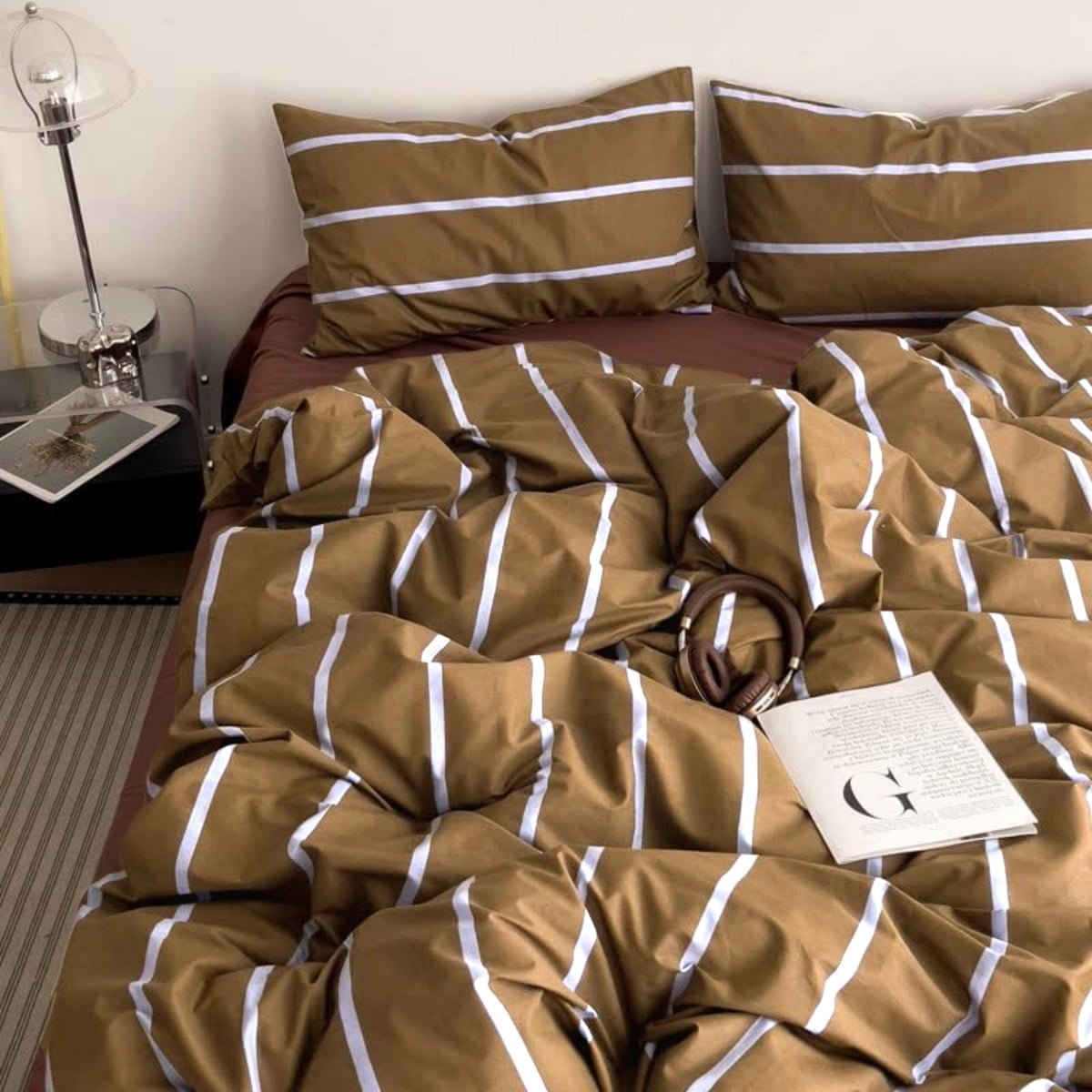 NAYOROOM Brown Blue Striped Duvet Cover Queen Set, 3-Piece Retro Vertical Ticking Stripes Breathable Comforter Cover