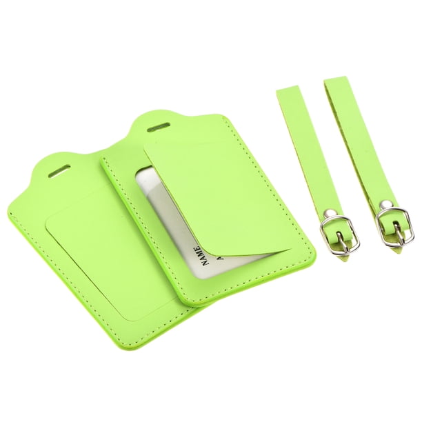 Equipaje Etiqueta PU Soportes 12x7cm Equipaje Etiqueta Identificador con Correas para Mochila Viaje Bolso Maleta Verde Paquete de 2