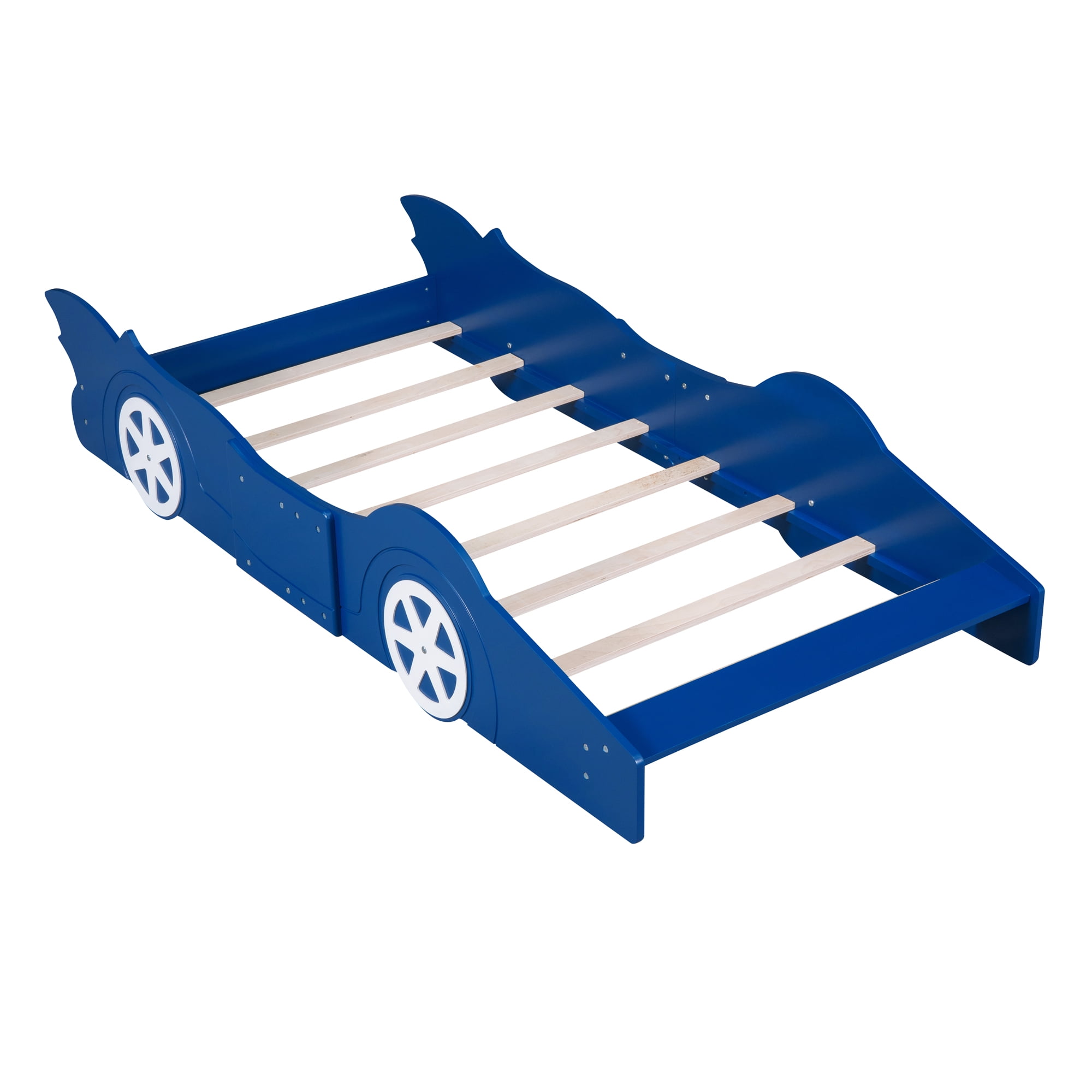 Solid Wood Race Car-Shaped Platform Bed with Wooden Slats, Bed with Wheels, Platform Bed with Headboard and Footboard, No Box Spring Needed (Blue,Twin)