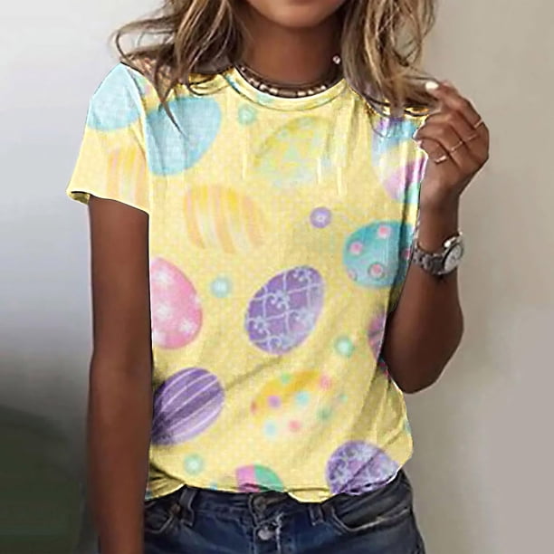 Fiudx Liquidación de Ofertas Flash Camiseta Informal de Manga Corta con Cuello Redondo y Estampado de Pascua para Mujer