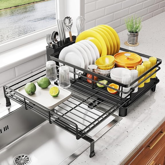 MY Dish Drying Rack - Extendable Dish Rack, Large Sink Drying Dish Drainer for Kitchen Counter, Stainless Steel Dish Strainer with Utensil Holder (Black)