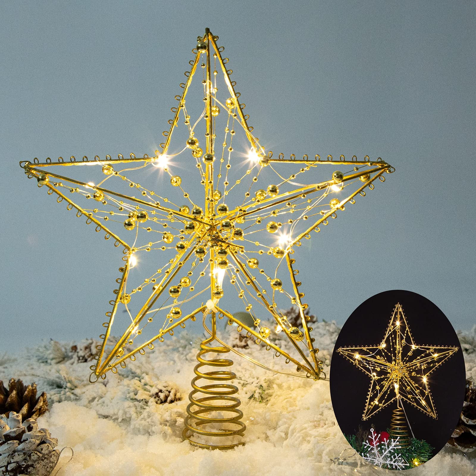 Christmas Tree Topper, 10 LEDS Happiwiz 9.84 Inch Christmas Star Tree Topper with Lights Beads 