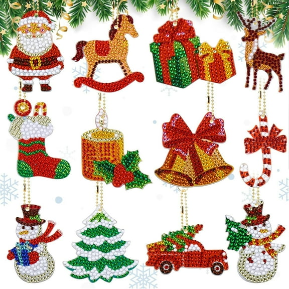 LQQBOX 12 Pieces Christmas Diamond Painting Keychain 5D DIY Diamond Painting Kit Christmas Hanging Diamond Art Kits Diamond Art Christmas Ornaments for Kids Christmas Crafts Family Decor (Cute)