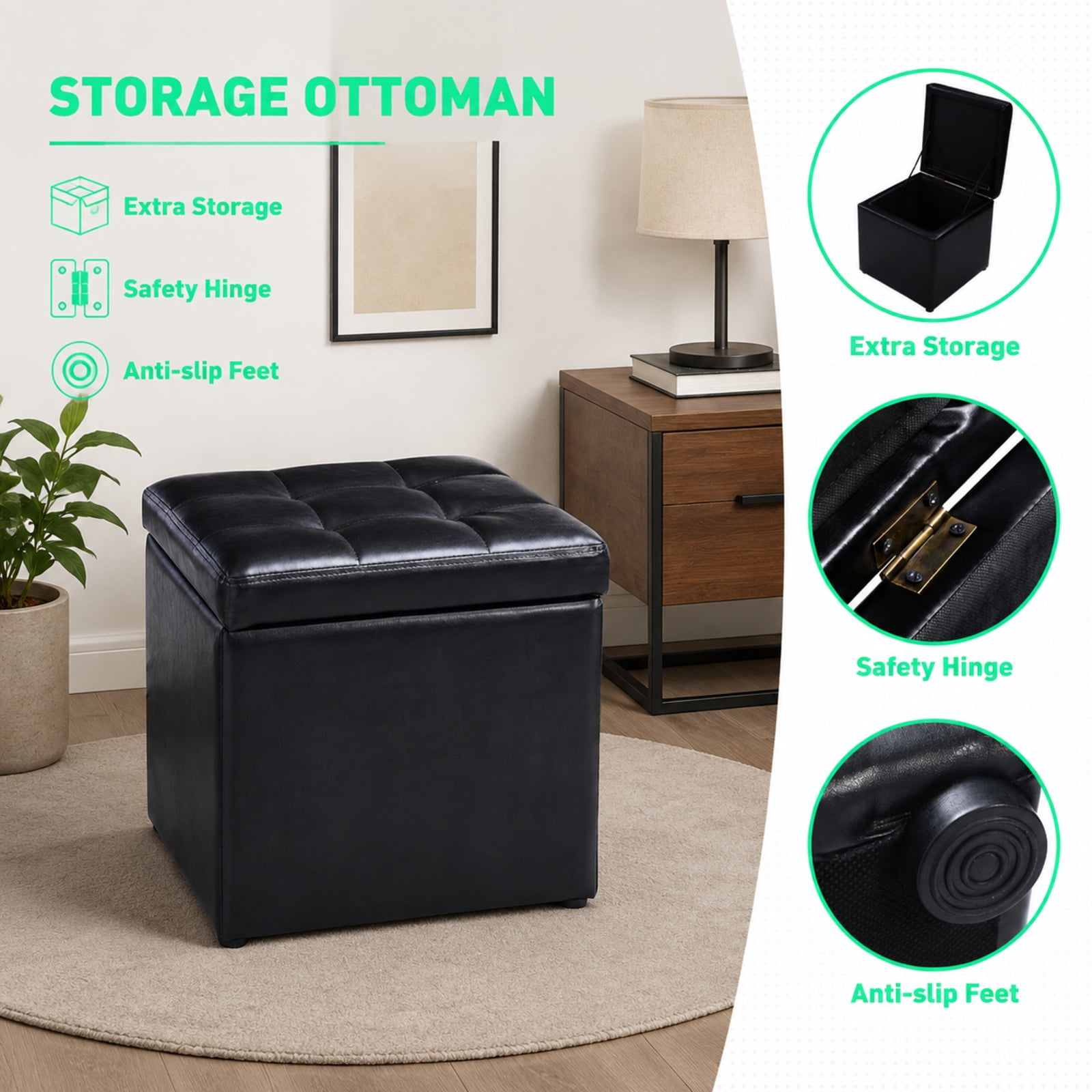 Furnibear Foldable Cube Ottoman Pouffe Storage Seat for Living Room Bedroom Entryway Storage Footrest Seat, Black