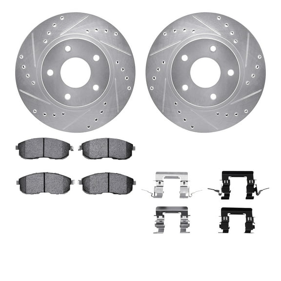 Dynamic Friction Company Front Brake Rotors-Drilled and Slotted-Silver with 5000 Euro Ceramic Brake Pads includes Hardware 7612-67000
