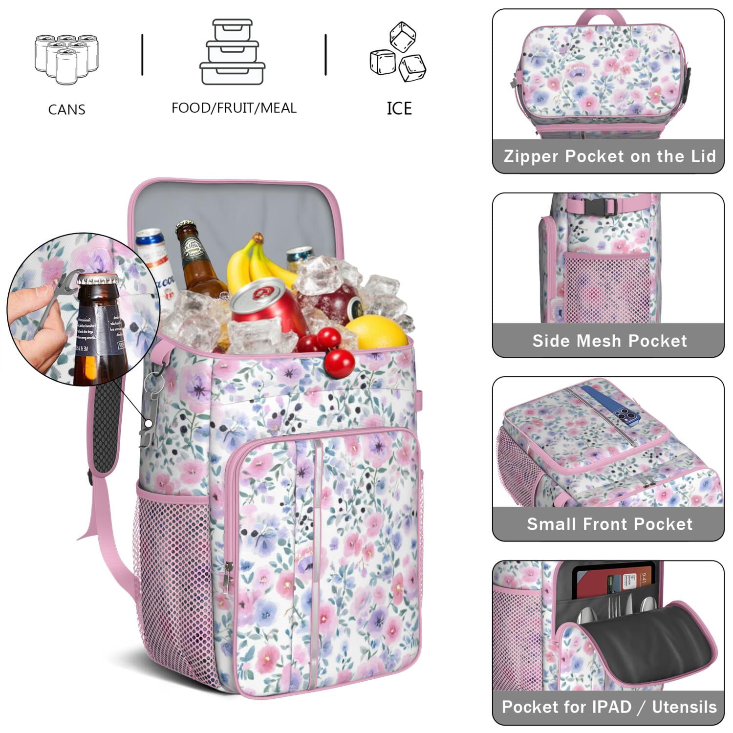 Travel Cooler Bag - Pioneer Flower Camping Beer Cooler Backpack with Bottle Opener- Waterproof Insulated Picnic Backpacks - Cooler Bag for Beach