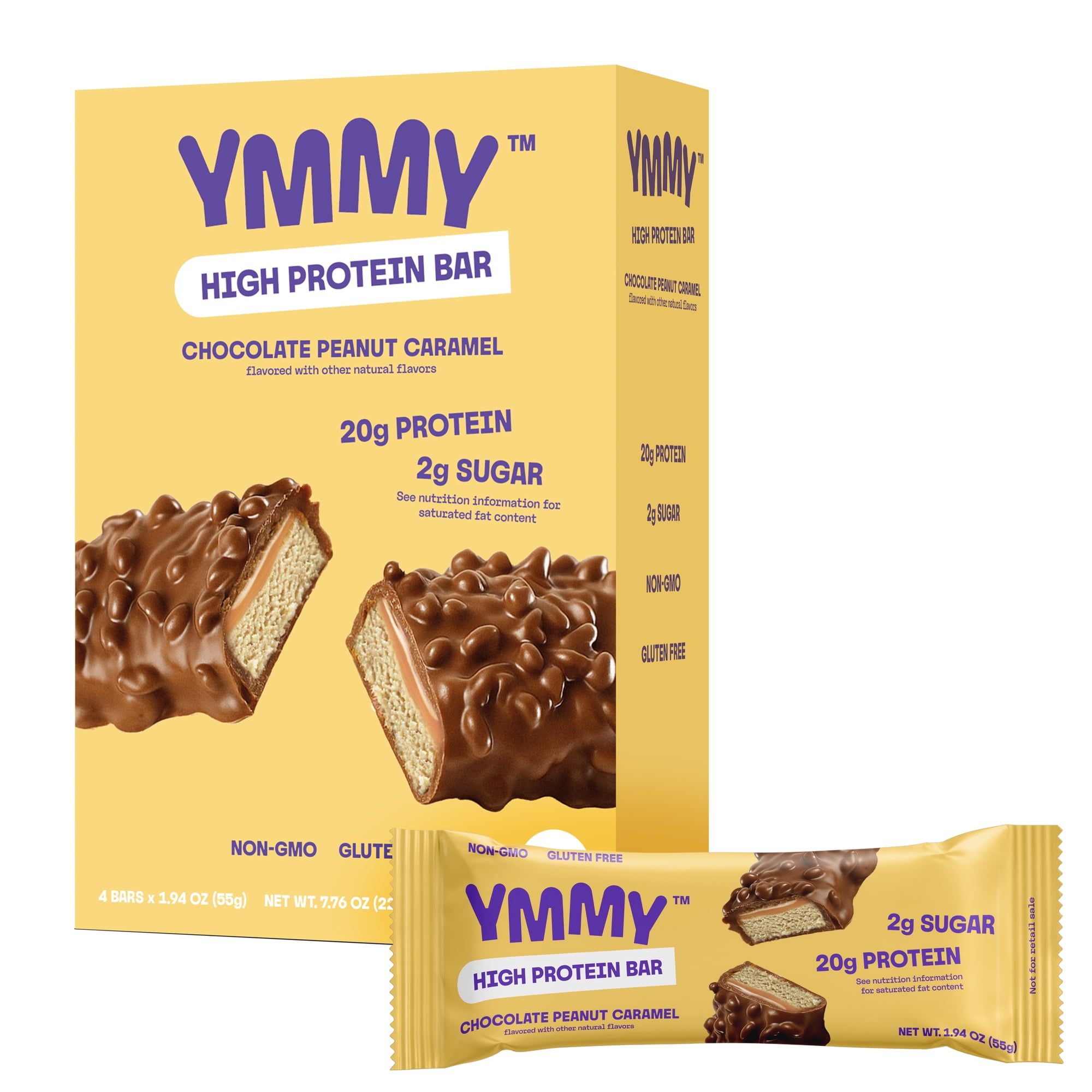 YMMY Chocolate Peanut Caramel High Protein Bar, Gluten-Free, 1.94 oz, 4 Pack