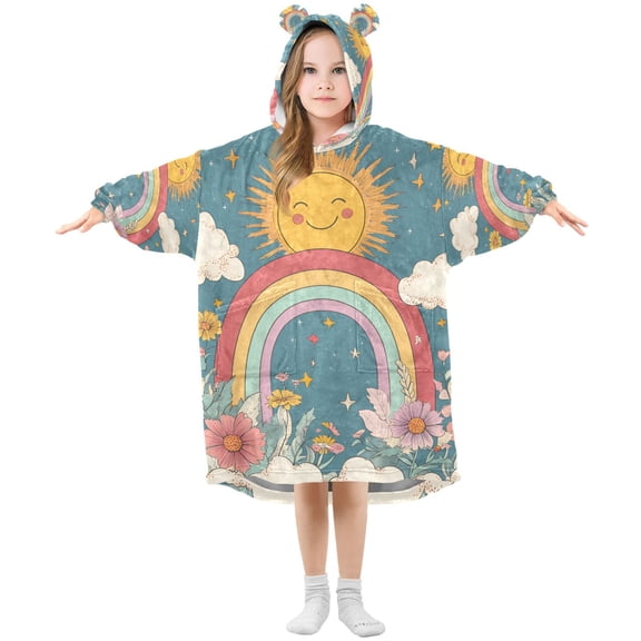 FORMRS Wearable Blanket Hoodie with Sleeves for Kids Cozy Flannel Sweatshirt, Blue Rainbow