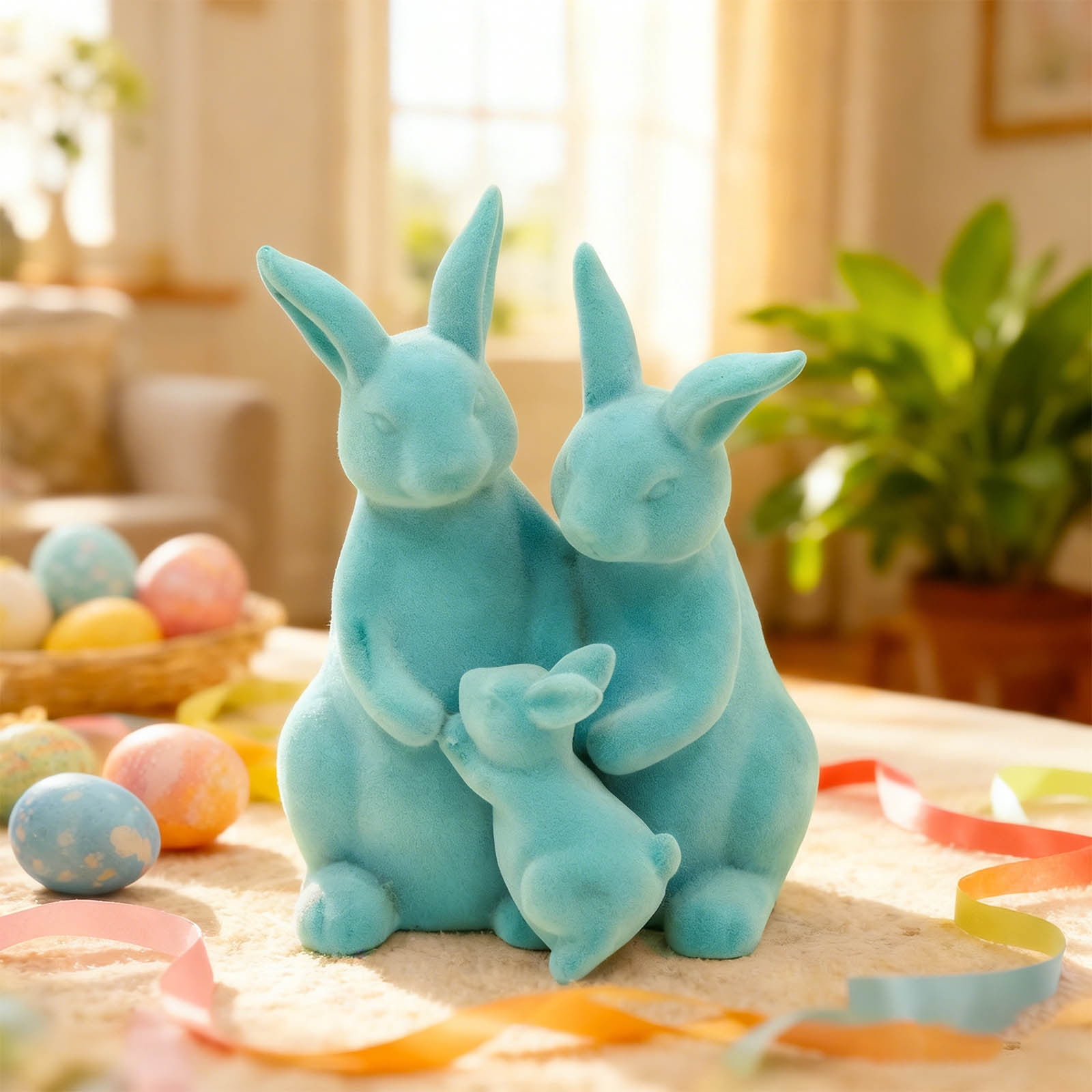 AZXY Minimalist Flocked Velveteen Easter Bunny Figurine, Blue and Yellow Spring Home Tabletop Decor, Festive Holiday Decoration