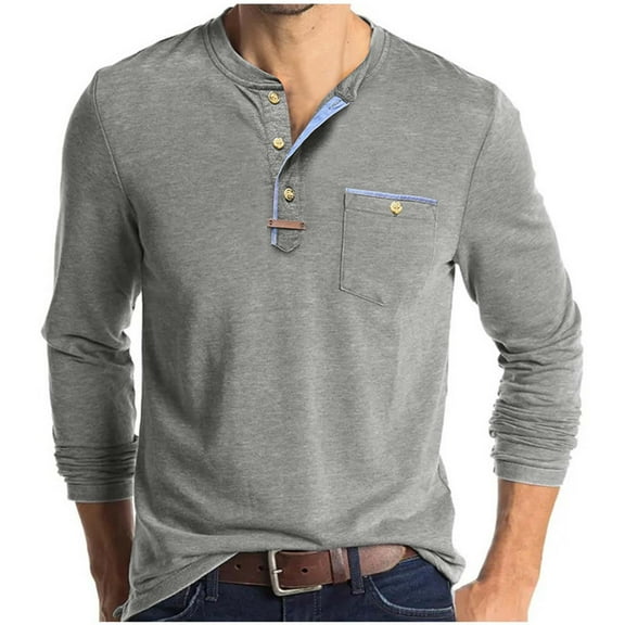 Mens Long Sleeve Shirts, Henley Shirts for Men Fall Casual Loose Fit Solid Color Button Up T-Shirts with Pockets