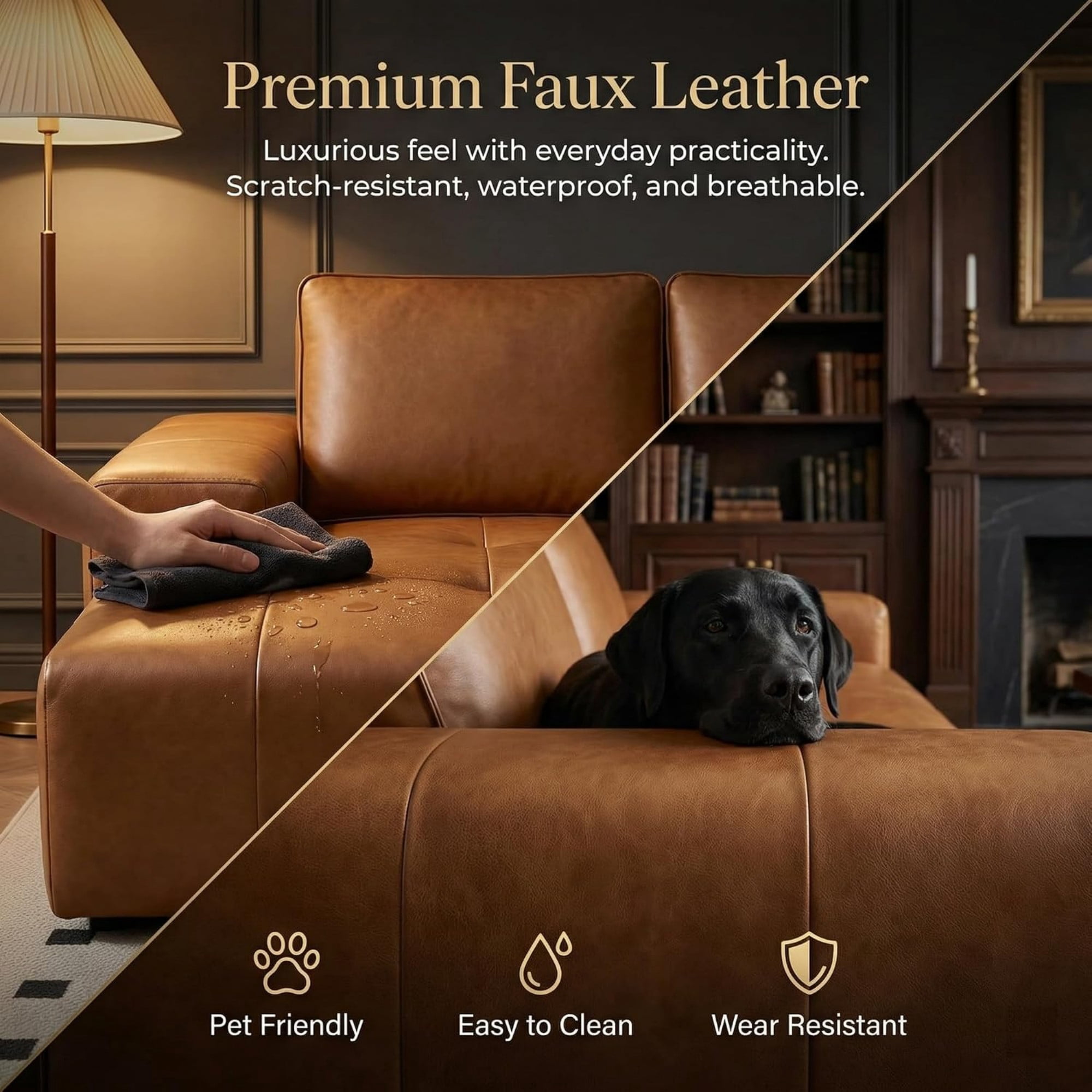 Aenkyo 114" Faux Leather L-Shaped Sectional Sofa with Left Hand Chaise, Boneless Modular Couch, Ginger