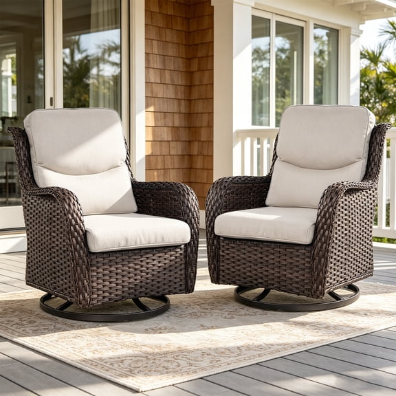 POCASSY Patio Swivel Chairs, Outdoor Wicker Swivel Glider Rocking Chairs with High Back and Thick Cushions for Porch Deck - Set of 2, Beige