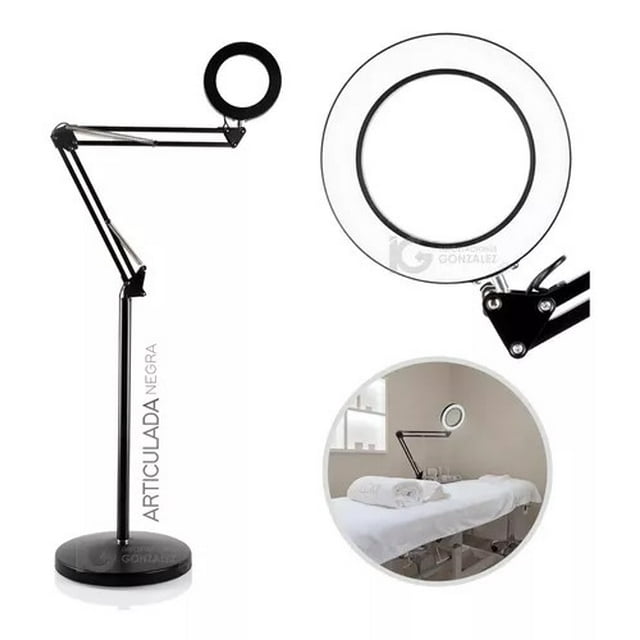 Lámpara Spa Lupa Led Articulada Con Brazo Flexible Pedestal Microblading Pestañas Luz Cálida Y Fría Negro Belié Lupa Led Articulada
