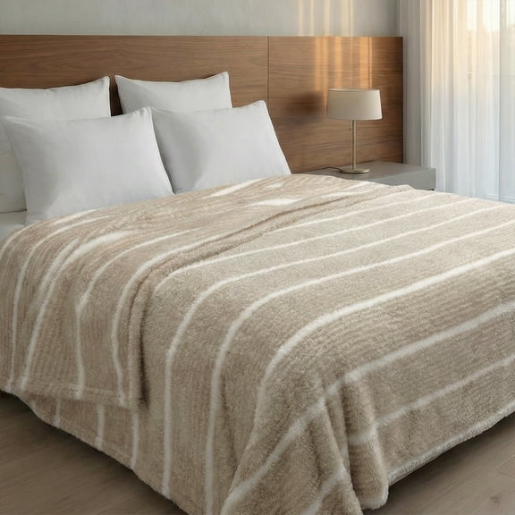 Regal Living Ultra Soft Cozy Knit Throw Blanket, Khaki Stripe, 90" x 90"