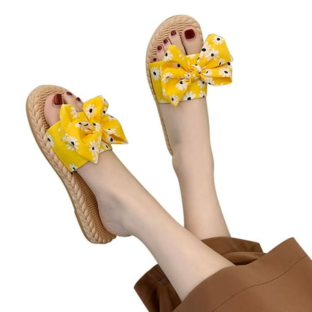 

Womens Slides Floral Flat Slip On Sandals Women Dressy Summer Flat Sandals With Bow Ladies Comfortable Boho Beach Slides Sandals Woman Dress Sandals HSMQHJWE（Yellow 6.5）