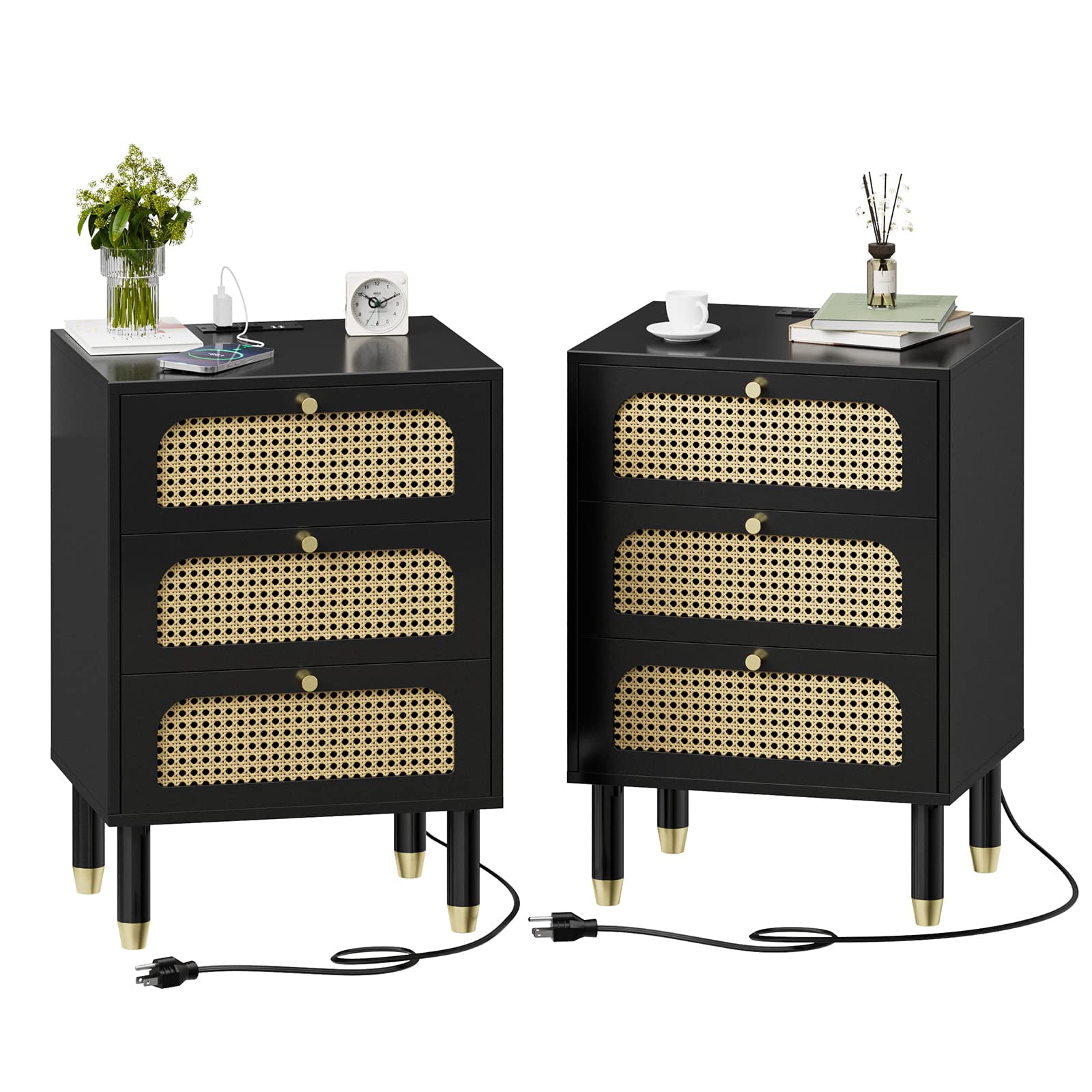 Ktaxon Nightstand Rattan Bedroom Bedside Table Mid Century Modern Nightstand Boho Side Table Wicker Nightstand with Charging Station Black