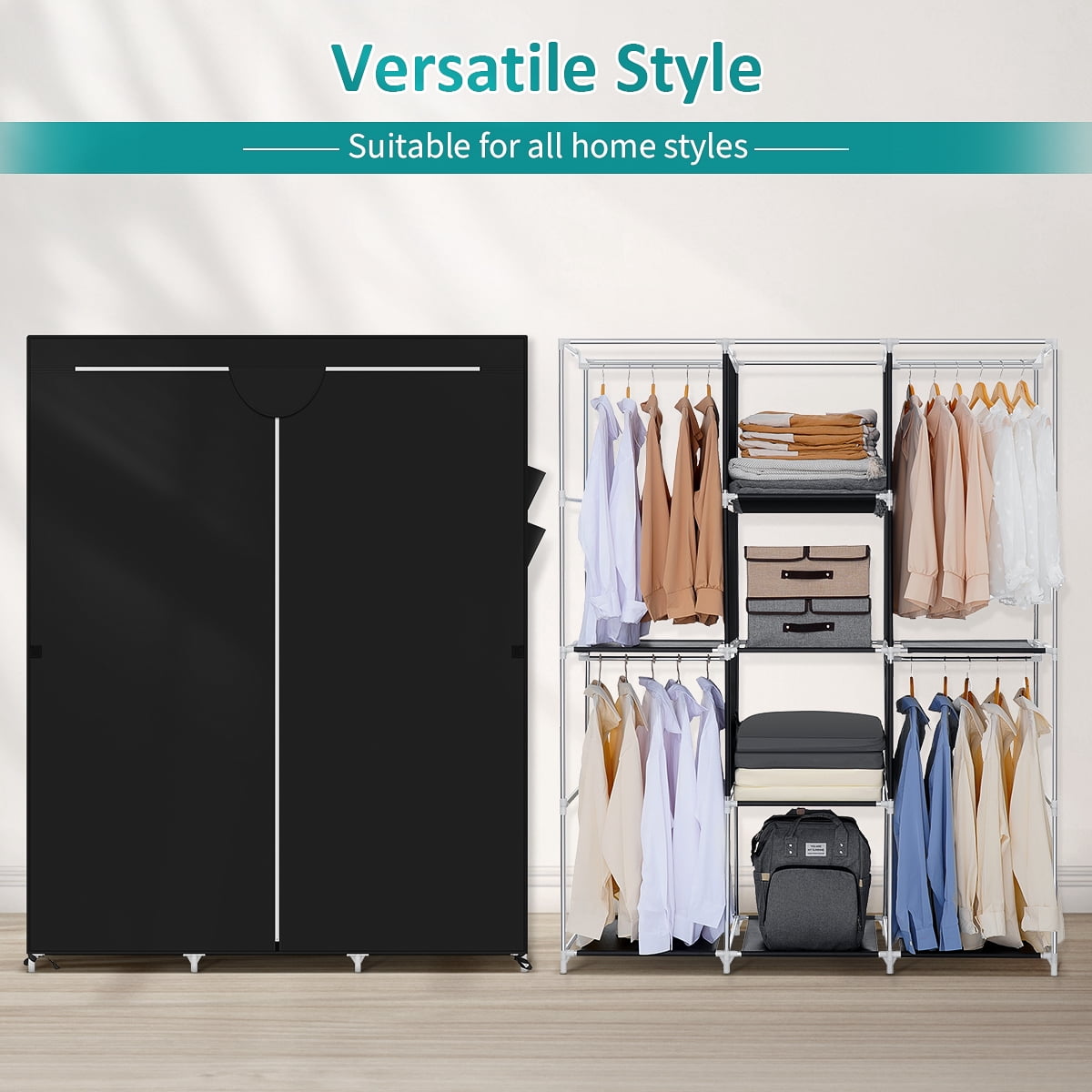 HONEIER Portable Wardrobe Closet Storage Organizer Rack with 4 Hanging Rods, 4 Shelves, 4 Side Pockets and Cover, 56.3x 73.6x 17 Inch, Large Capacity for Bedroom, Living Room, Sturdy, Grey/Black