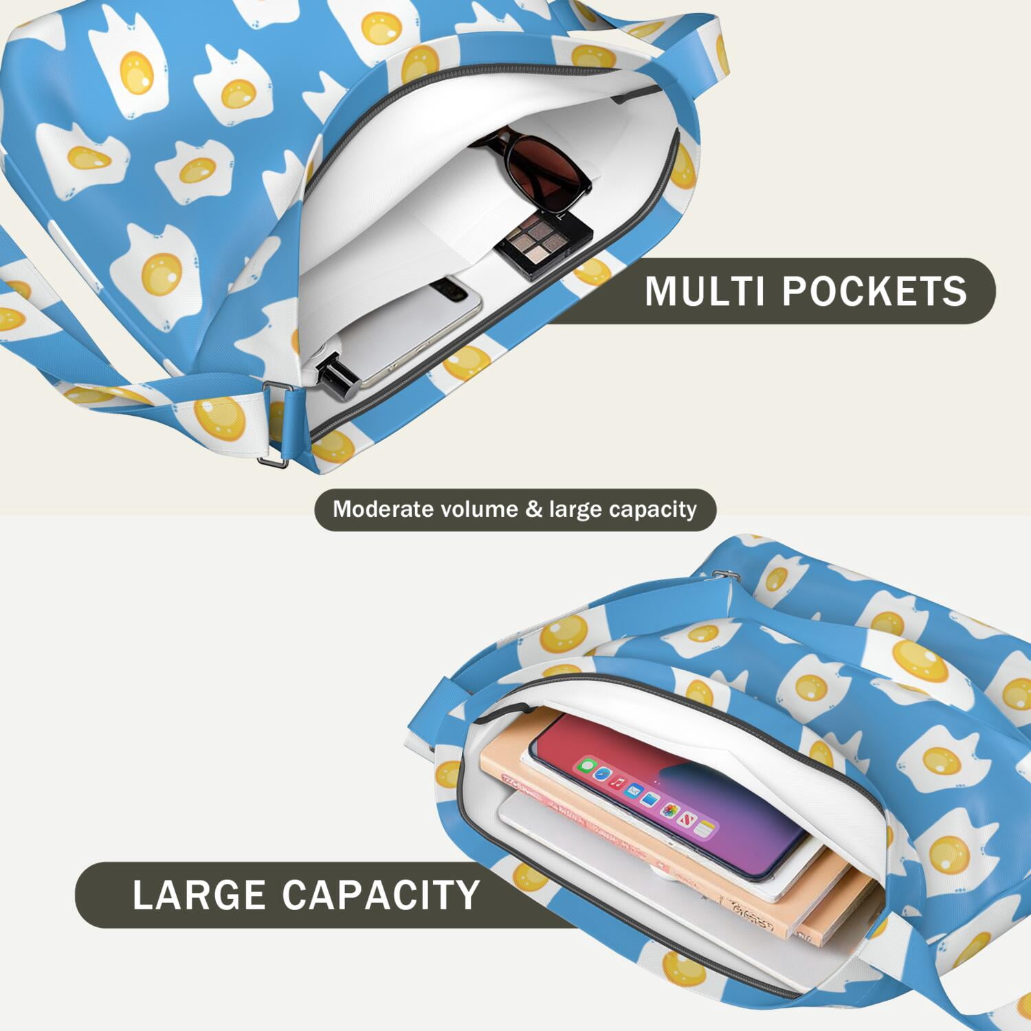 Fried Egg Print Crossbody Shoulder Bag - Lightweight Adjustable Spacious Multi-Pocket Casual Sling Tote for Women, Large Capacity Minimalist Travel & Work Purse