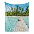 thumbnail image 1 of Tropical Soft Flannel Fleece Throw Blanket, Maldives Island with Beach Wooden Deck Palms Exotic Holiday Picture, Cozy Plush for Indoor and Outdoor Use, 70" x 90", Fern Green Turquoise, by Ambesonne, 1 of 6