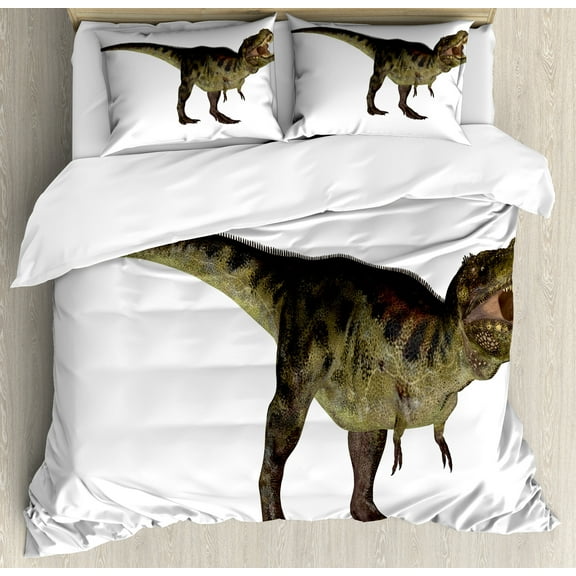 Dinosaur Duvet Cover Set, Tyrannosaurus Dinosaur Illustration Prehistoric Nature Wildlife Reptilian, Decorative 3 Piece Bedding Set with 2 Pillow Shams, King Size, Army Green Black, by Ambesonne