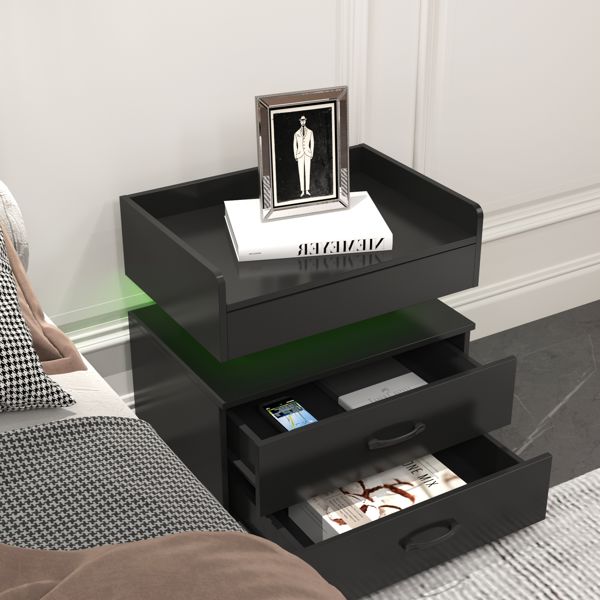 Leumius Nightstand with Adjustable LED & 2-Drawers,Modern Bedside Table, Coffee Table,Sofa Side Table,End Table for Bedroom Living Room,Black