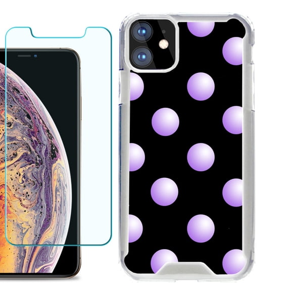 For Apple iPhone 11 Case, Hybrid Bumper Phone Case, with Tempered Glass Screen Protector, by OneToughShield ® - Polka Dot / Purple