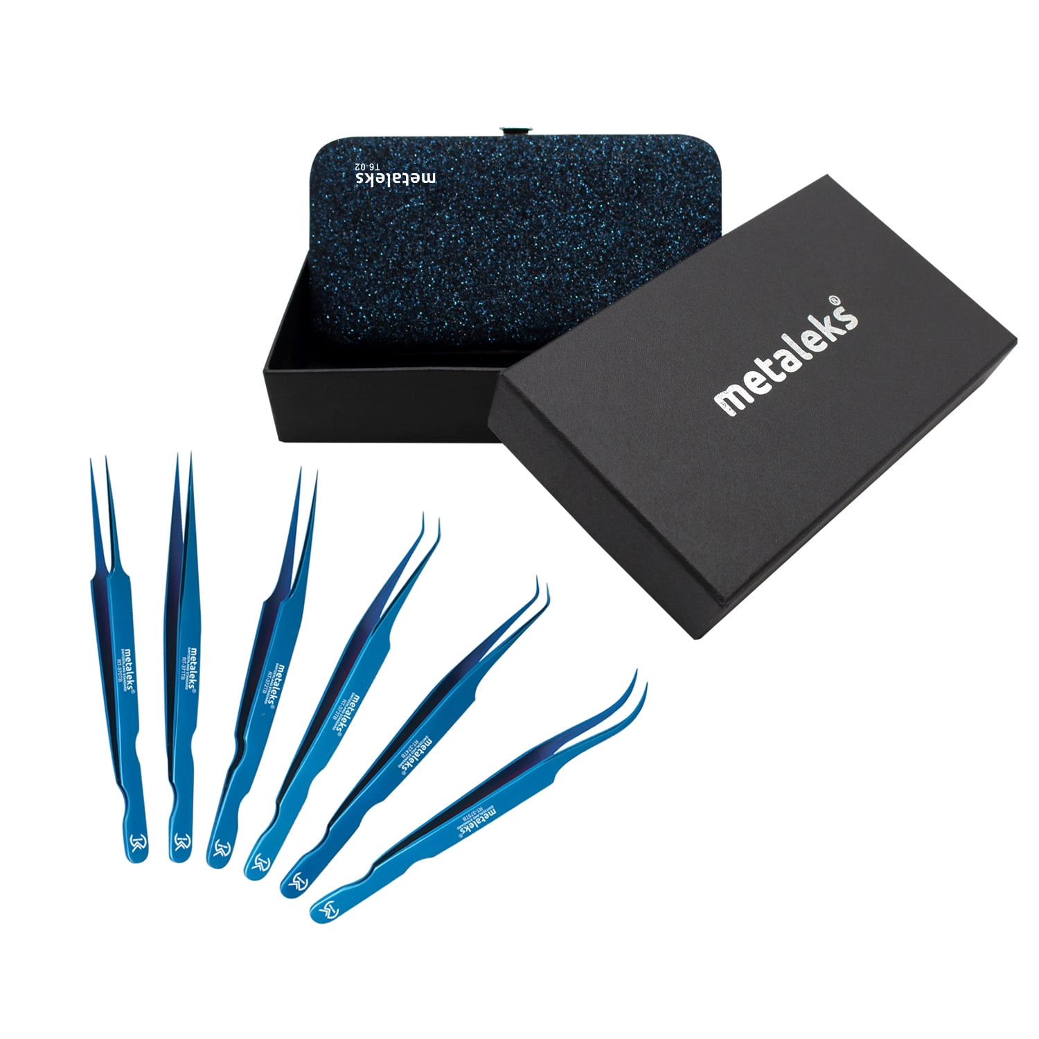 6PCS - Complete Blue Titanium Coated Eyelash Extension Tweezers Set In Blue Glitter Magnetic Kit - Made of Japanese Stainless Steel