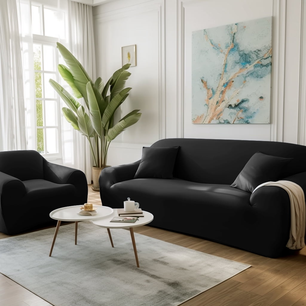 YEAHOME Stretch Sofa Slipcover with Pillow Case 1-Piece Sofa Cover Furniture Protector Couch Soft with Elastic Bottom for Kids Pet Protector Furniture Covers(Oversized Sofa, Black)