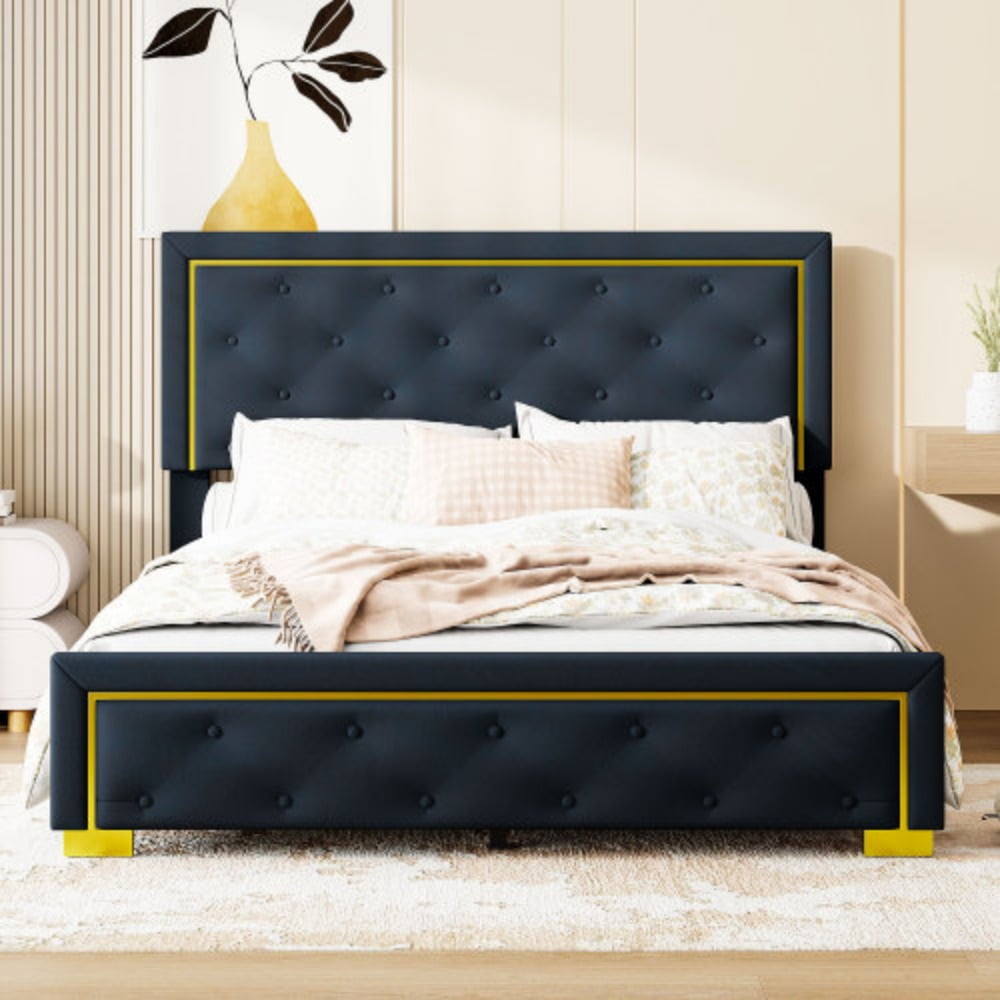 Queen Size Velvet Upholstered Platform Bed, Wood Bed Frame with Pull Point Headboard and Metal Wire Frame & Feet