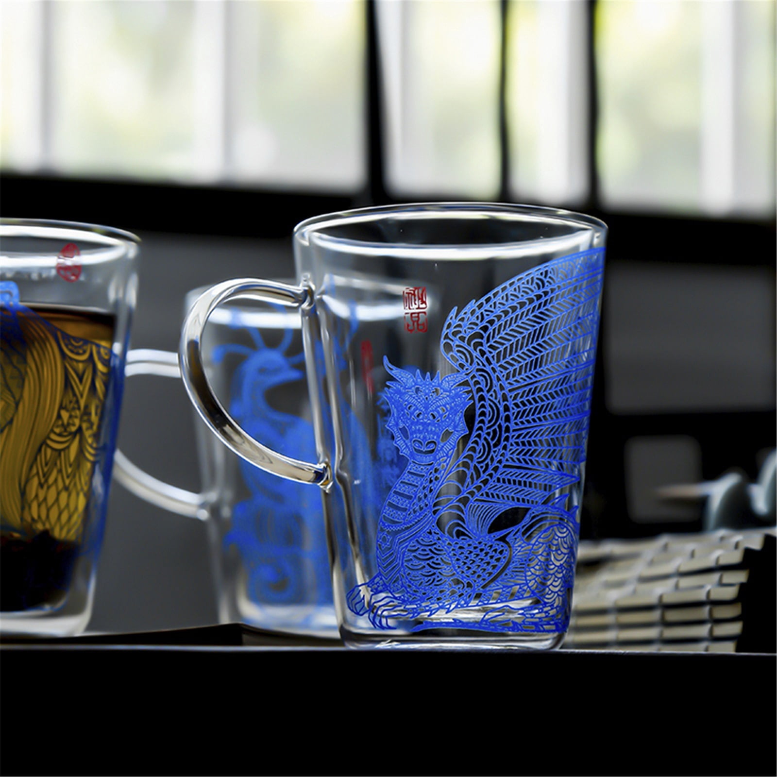 Double Wall Glass Coffee Mugs Ancient Chinese Totem Printing, Clear Espresso Cups with Handle, 280ML