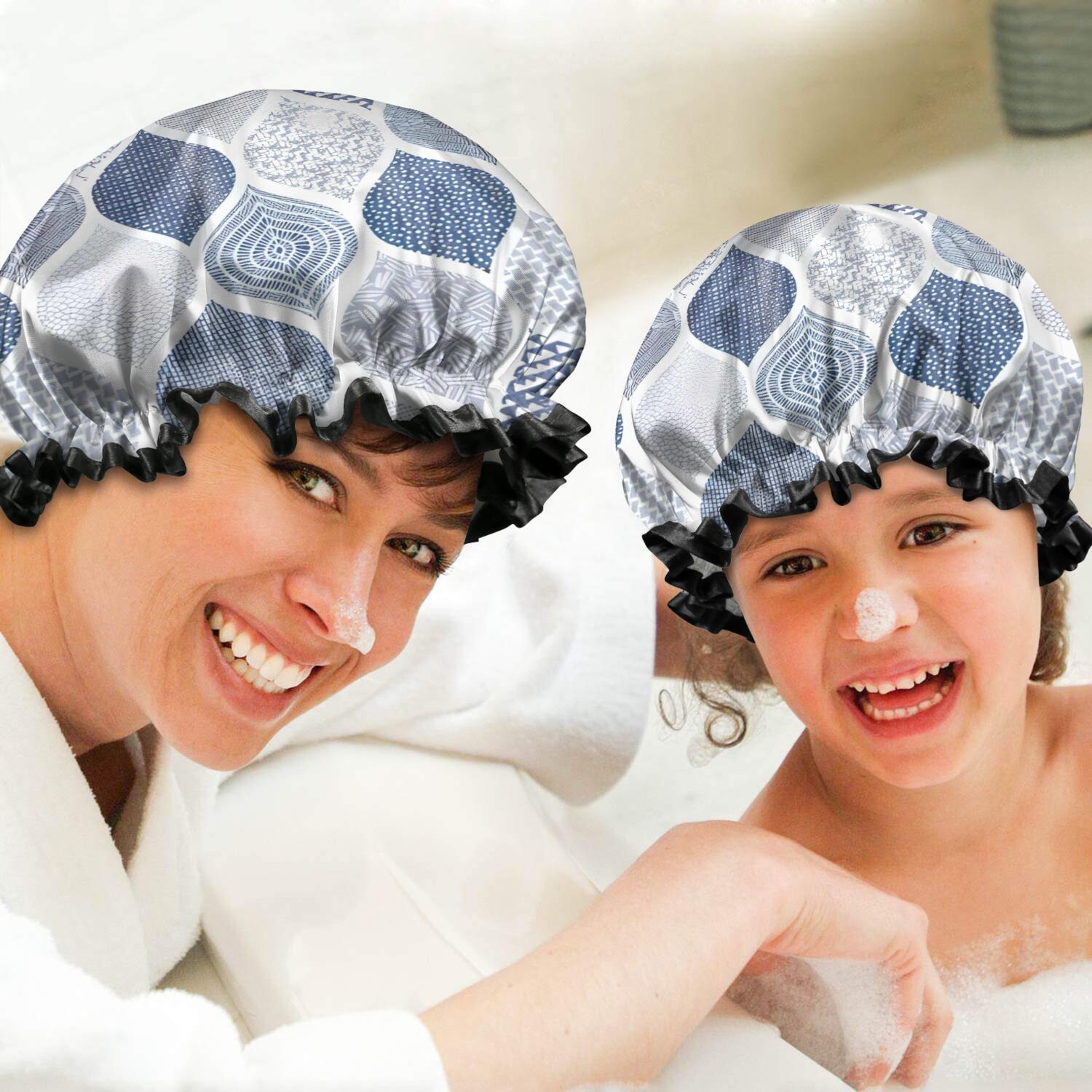 Shower Caps,Blue and White Geometric Quatrefoil Pattern Waterproof Shower Cap for Women 4 Pieces,Double Reusable Hair Cover for Shower PEVA Elastic Stretch Hem