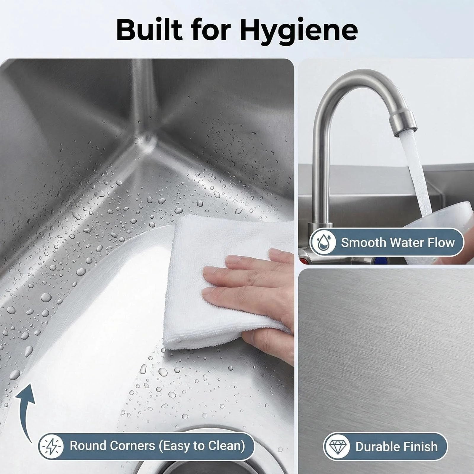 Historyli Commercial Stainless Steel Hand Sink with Swivel Faucet, Wall Mount or Drop-in,Small Hand Wash Basin with Backsplash & Drain Kit for Restaurant, Kitchen