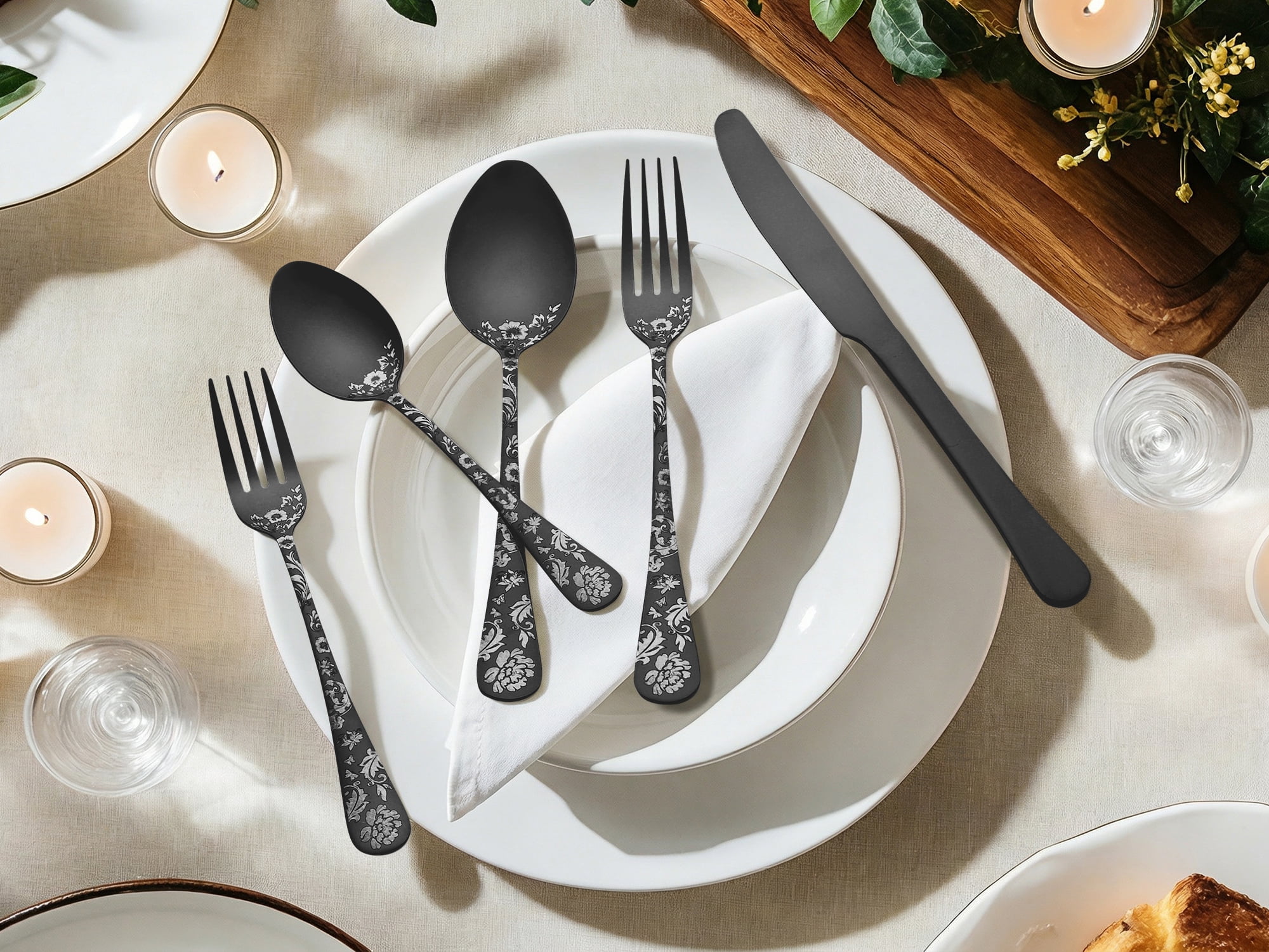 Unique Bargains 20 Pieces Floral Stainless Steel Flatware Set for 4 Black