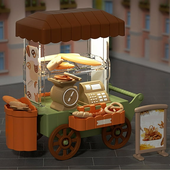 bxhwj Ice Cream Truck Toy with Light and Sound Functions, Pretend Play Food Cart with Bread and Desserts, Interactive Role Play Vehicle for Kids Birthday Party Gift Set
