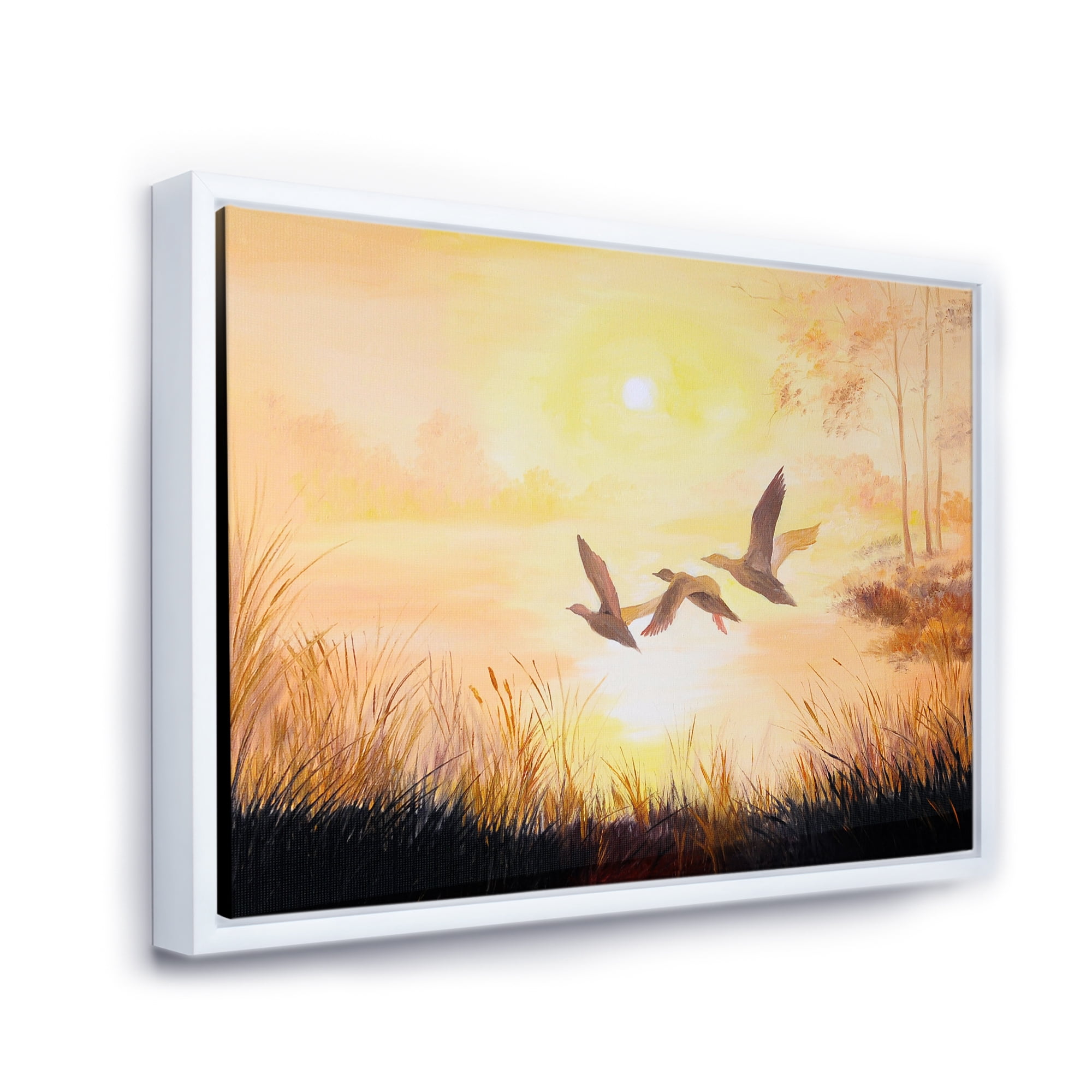 Three Cranes Flying Through Warm Sunset 32 in x 24 in Framed Painting Canvas Art Print, by Designart