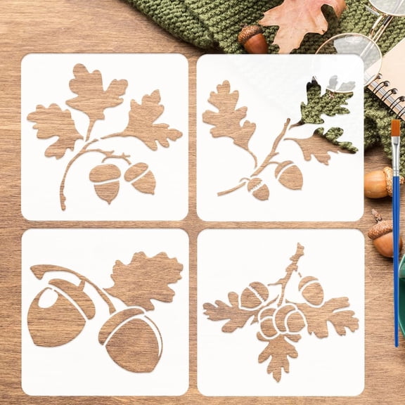 4 Pcs Oak Branches Painting Stencil with Brush 5.9x5.9inch Oak Leaves Drawing Template Acorns DIY Stencil Plants Theme Decoration Template for Painting on Wood Wall Fabric Furniture