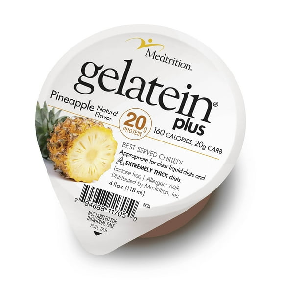 Gelatein Plus Pineapple: 20 grams of protein. Ideal for clear liquid diets, swallowing difficulties, dialysis and oncology. Great pre or post-workout snack. (12 pack)