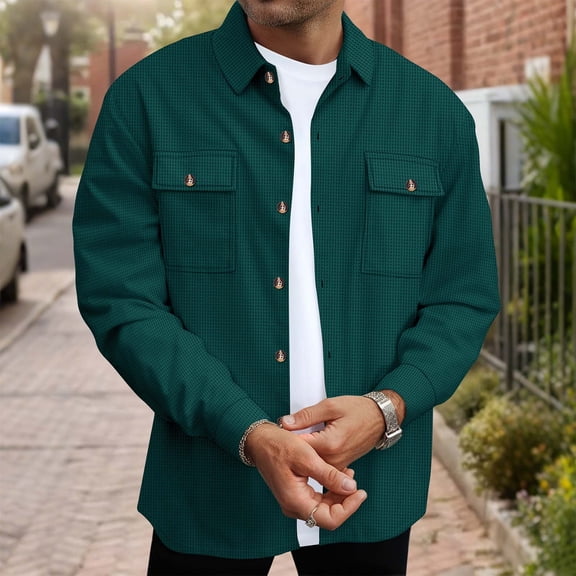 Mens Waffleknit Shirts with Pockets and Collar Button-Down Long Sleeve Shackets Shirt Casual Solid Color Lapel Going-Out Work Tshirts Tops